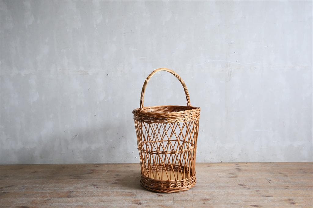 英国アンティークラタン製バスケット/アラログ/カゴバッグ/籐籠ゴミ箱80-130