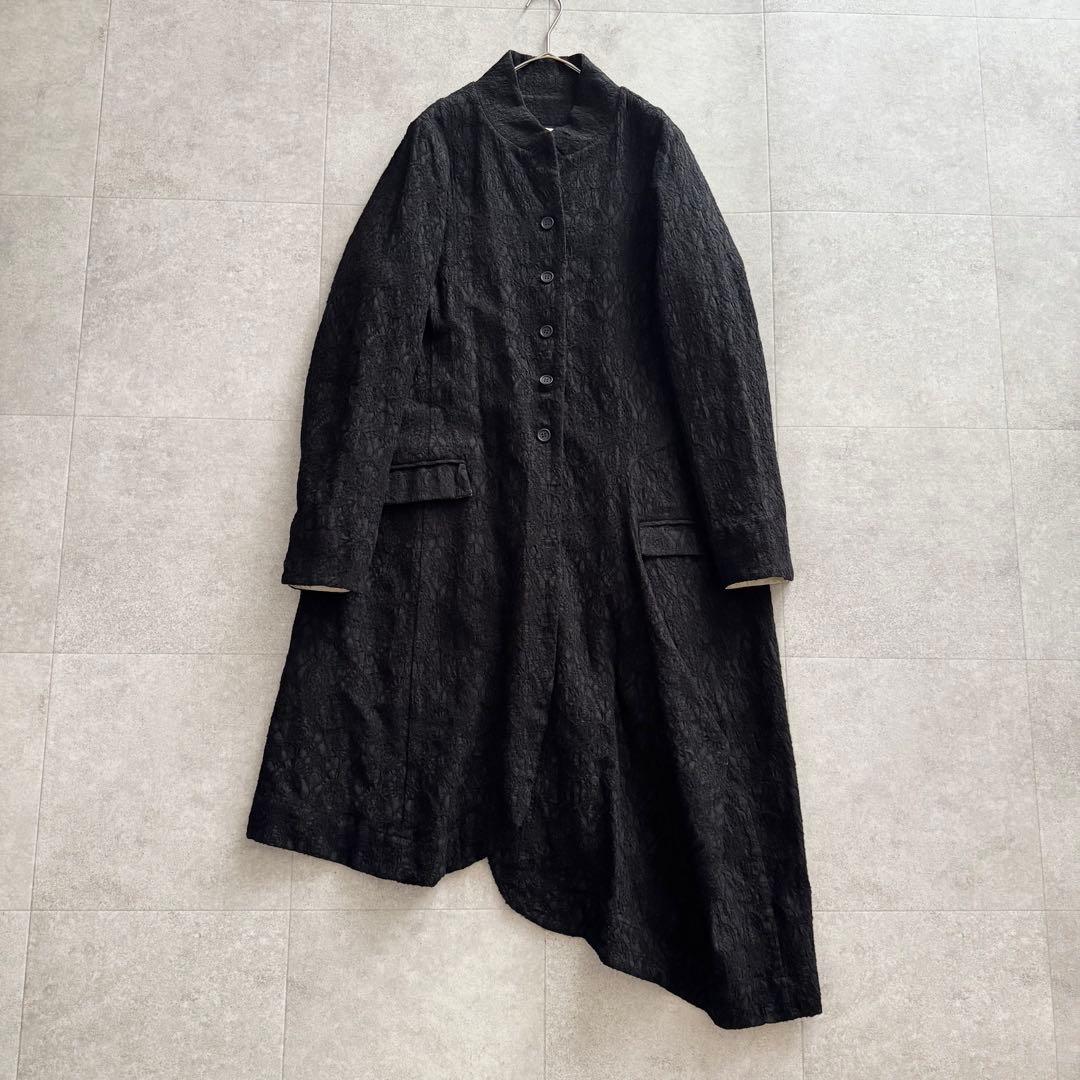 萌 　ロングコート　アシンメトリー　黒　M-L　マオカラ―　ジャガード