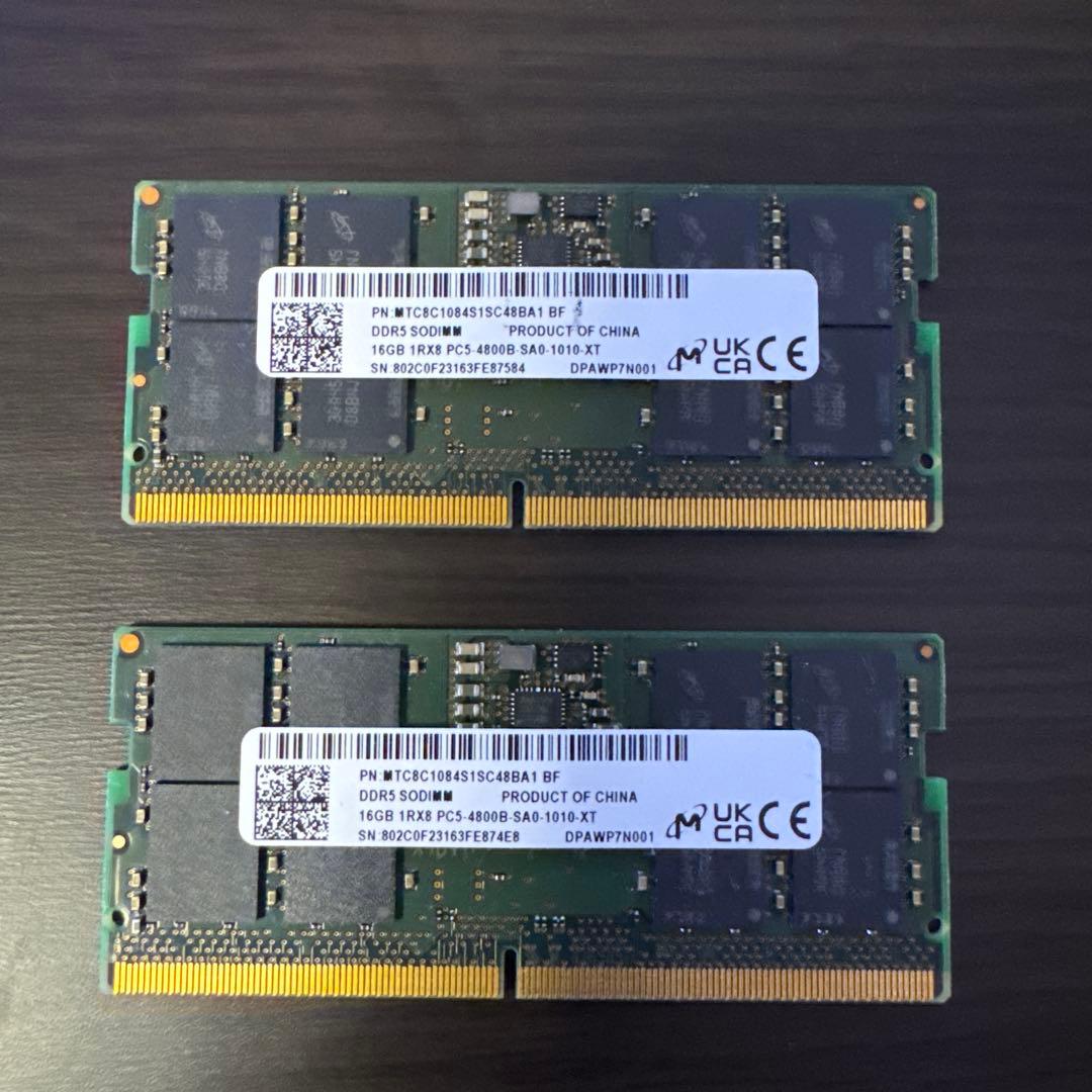 Micron製ノートPC用DDR5 SO-DIMMメモリ16GB 2枚