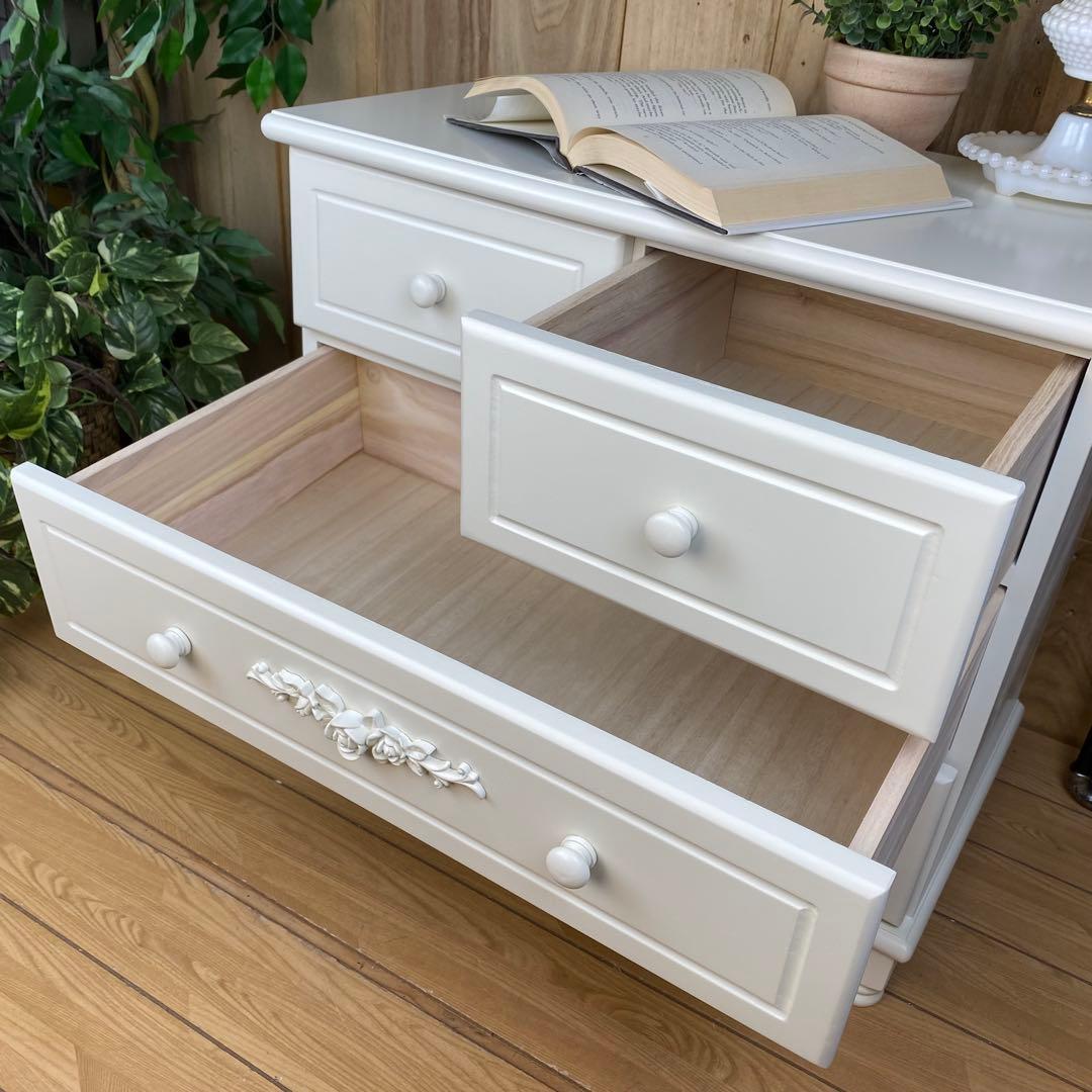 訳あり品！【121】フレンチ調ホワイトチェスト三段四つ引き木製収納家具姫系タンス