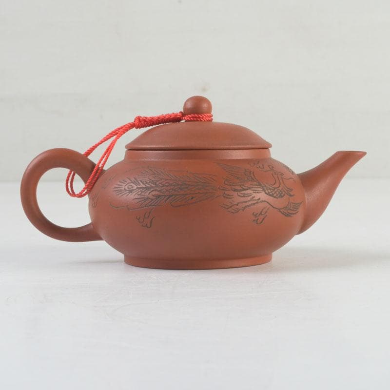 中国　紫砂　朱泥　雲龍鳳凰刻　急須　茶壷　在銘　N　9442