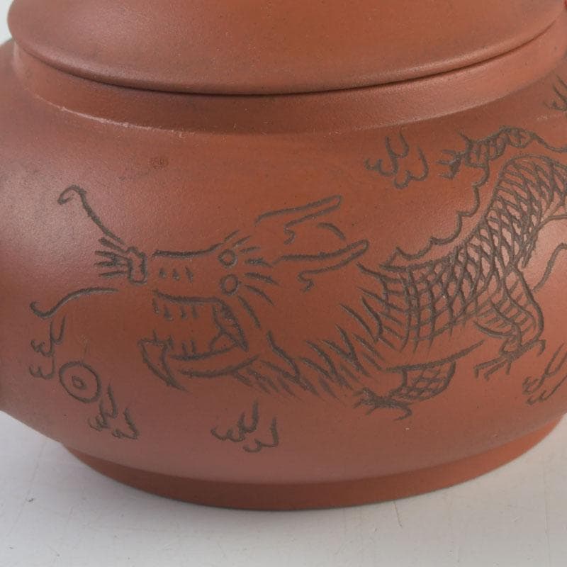 中国　紫砂　朱泥　雲龍鳳凰刻　急須　茶壷　在銘　N　9442