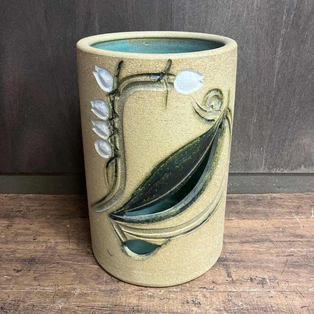 C-5 昭和レトロ 陶器製 傘立て 花柄 浮彫り 和モダン シリンダー型 リーフ