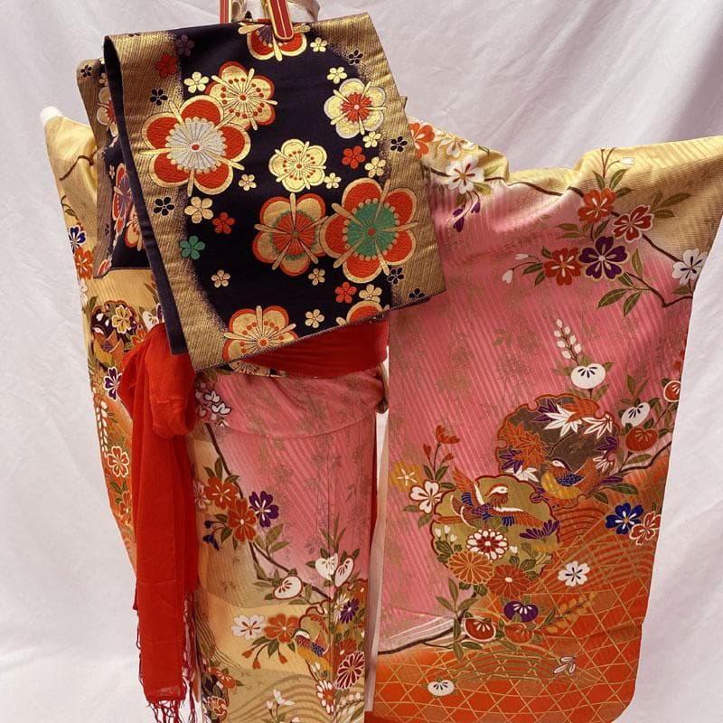 503ag3小物類◎七五三 七歳 女児 古典柄 金彩 着物&袋帯&長襦袢◎美品