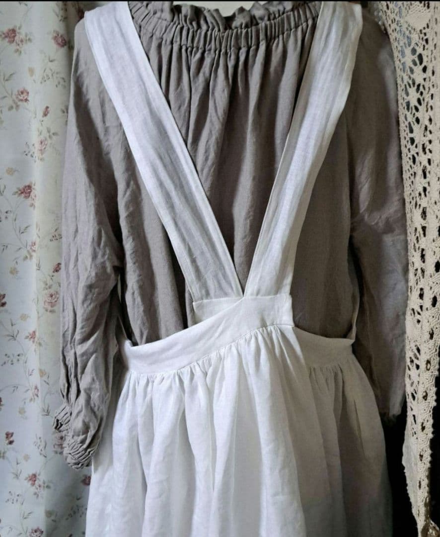 フレンチリネンギャザーたっぷりバッククロスエプロンドレス665