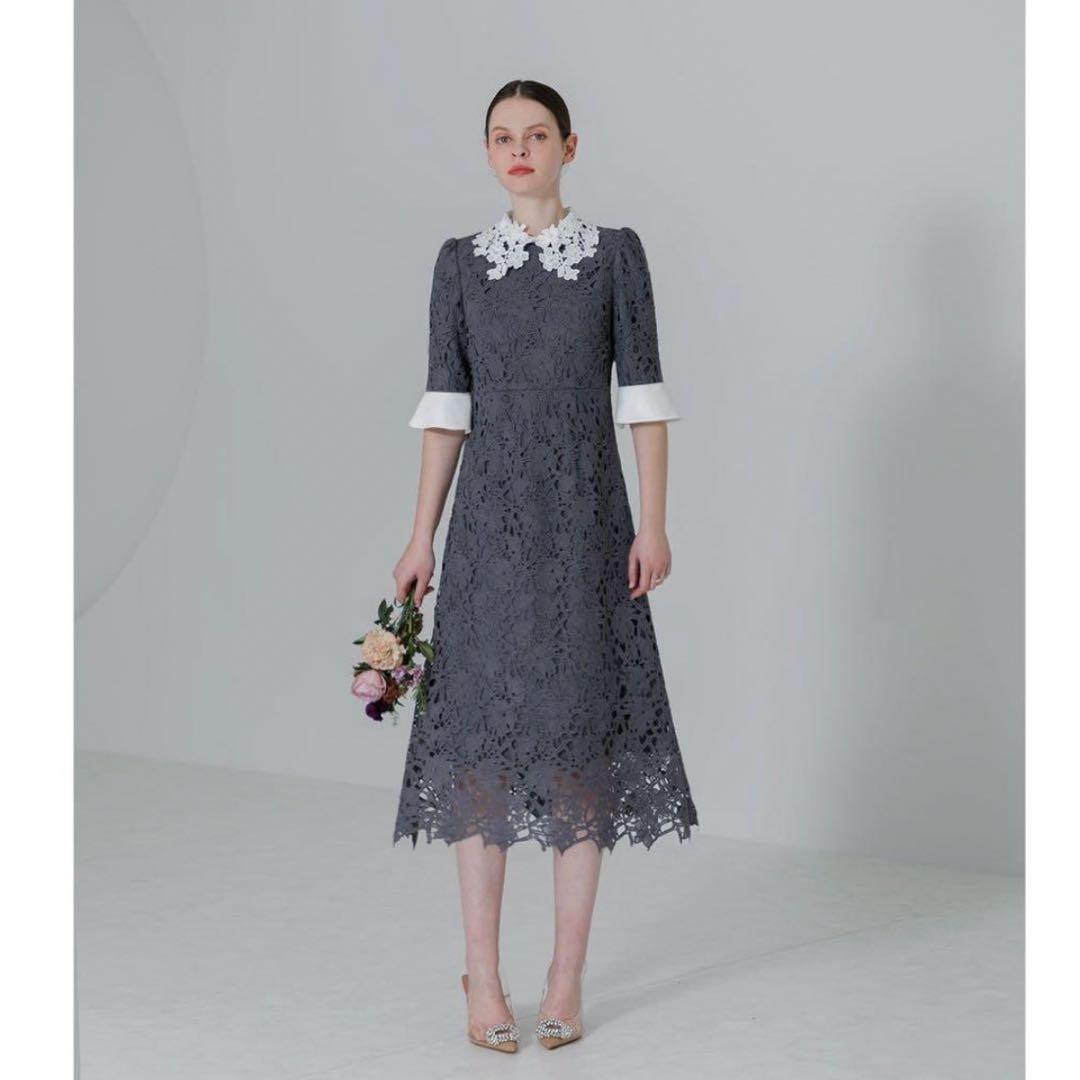 【LEJA】花柄レースカラー スパンコール刺繍 Aラインフレアドレス ワンピース