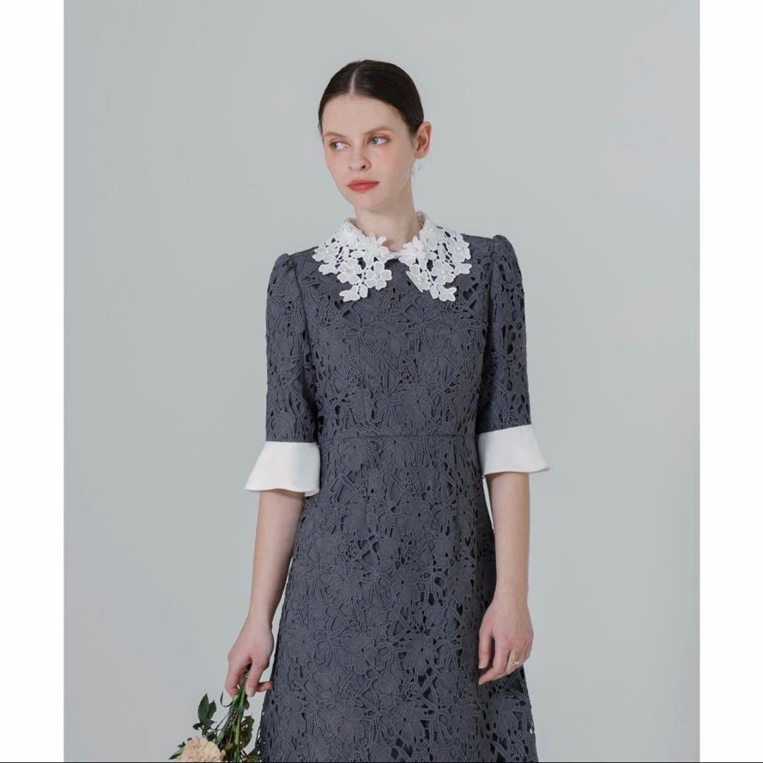 【LEJA】花柄レースカラー スパンコール刺繍 Aラインフレアドレス ワンピース