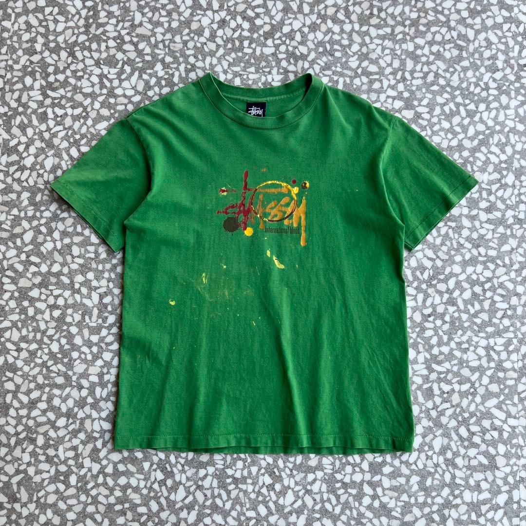 【90年代アメリカ製、ペイントデザイン】stussyストリートTシャツ古着緑M
