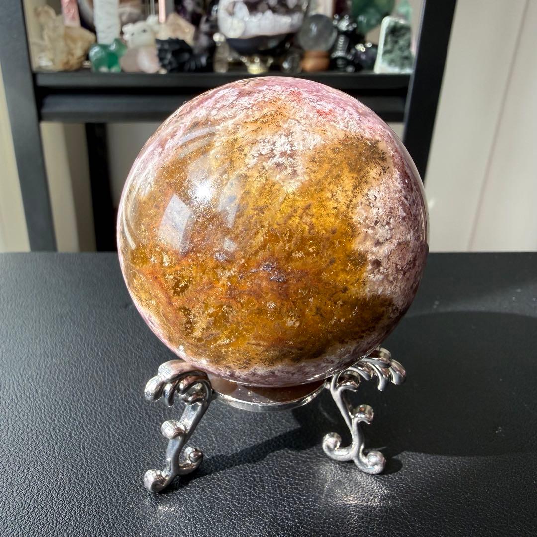 天然石オーラライト共生フローライトのスフィア　丸玉　置物NO.020901