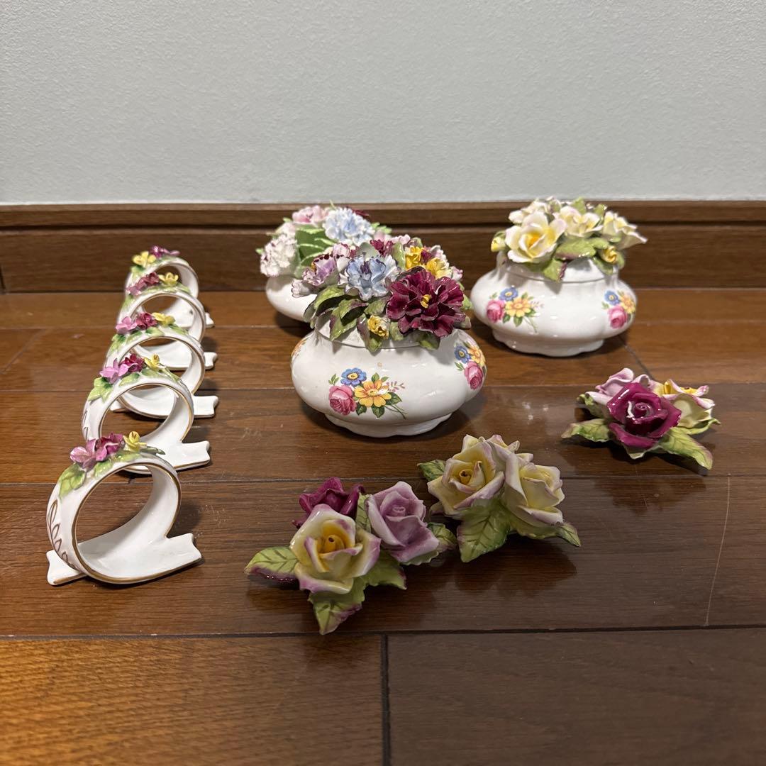 -花柄陶器ナプキンリング 5個セット　シュガーポッド2個