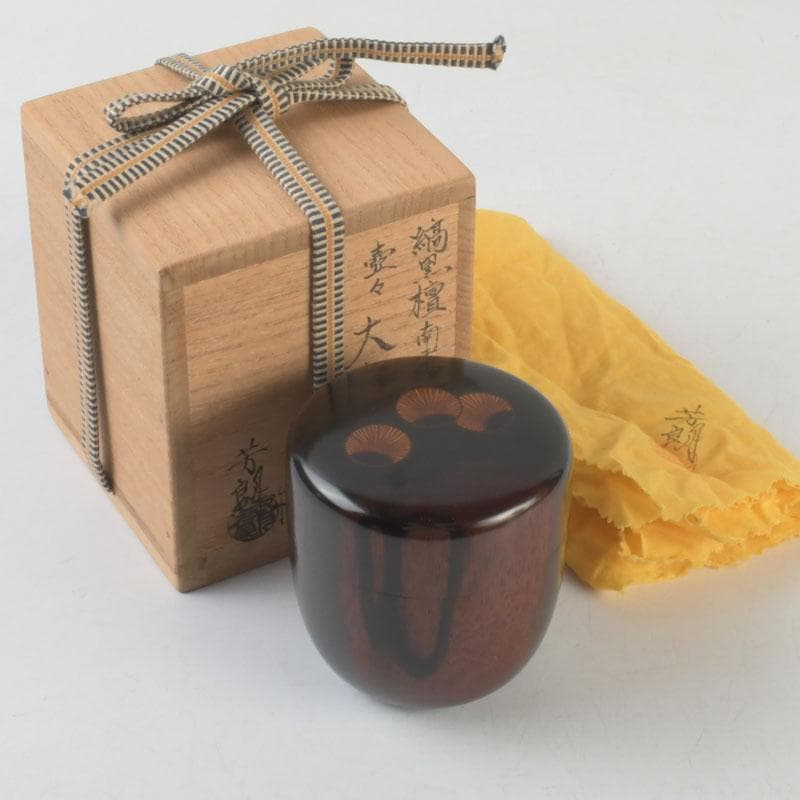 茶道具　山中塗　福田芳朗作　縞黒檀南天杢象嵌　壷々　大高棗　共布共箱　V9263