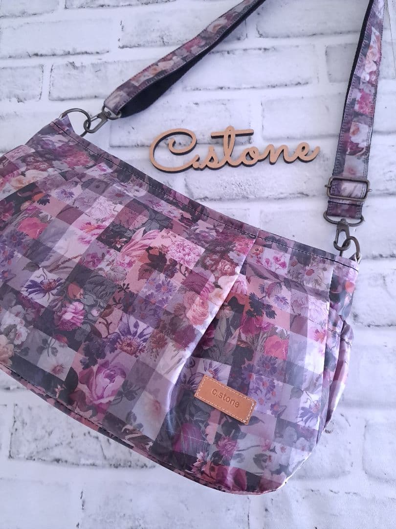 アーカイブギンガムパープル　横長ショルダーBag　持ち手別売り共布ショルダー紐付