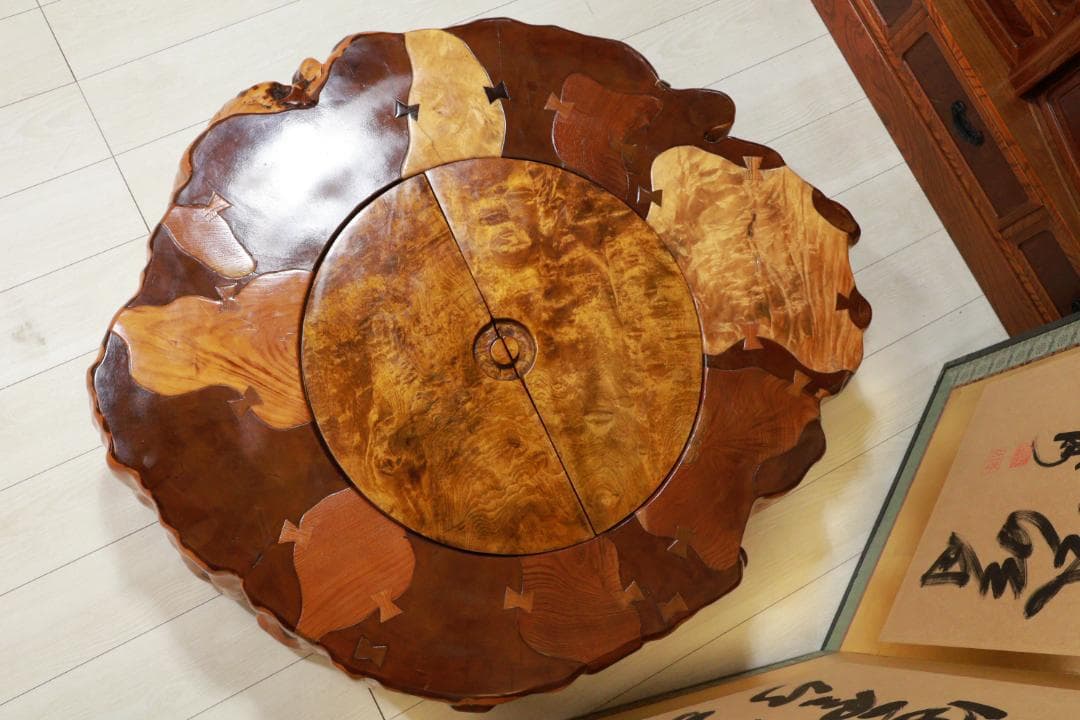 時代家具　木製　象嵌　刳り貫き　火鉢　大型　手炙り　蓋付　民芸品　BE951