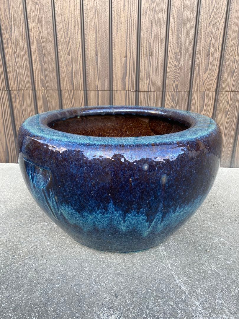火鉢　陶器　海鼠釉　アンティーク　骨董　金魚鉢　特大　睡蓮鉢　メダカ　鉢カバー