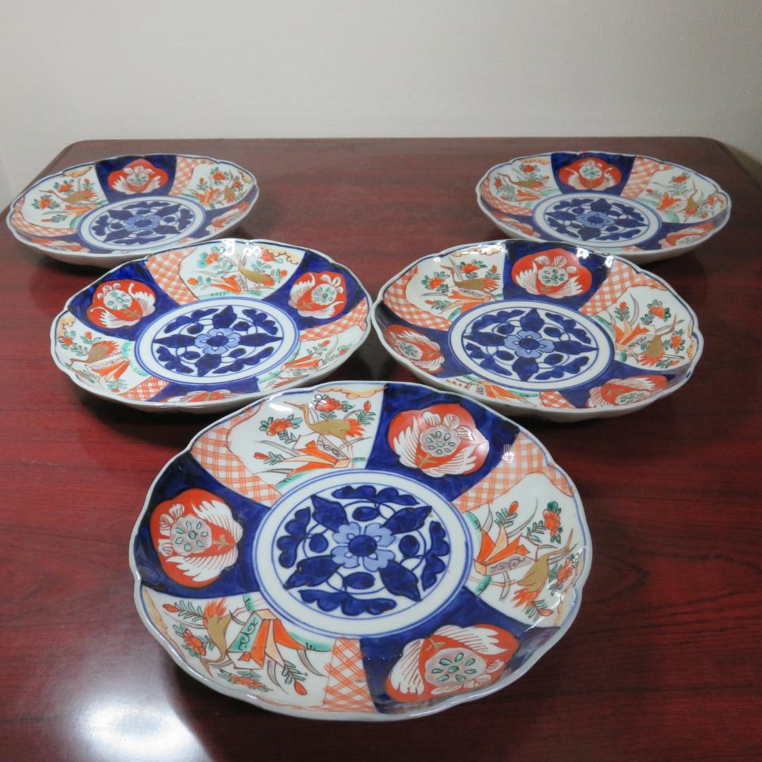 中皿 5枚 色絵付 染付 古伊万里 椿 牡丹 鶴 花文 江戸時代