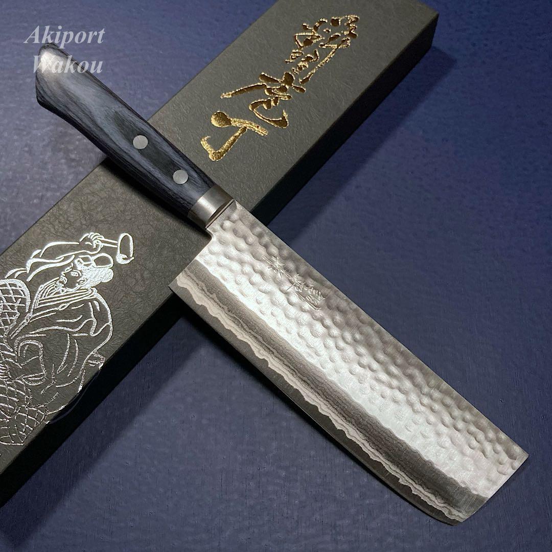 訓平作　菜切　包丁　165mm V金10号　槌目ダマスカス　紺柄　越前打刃物