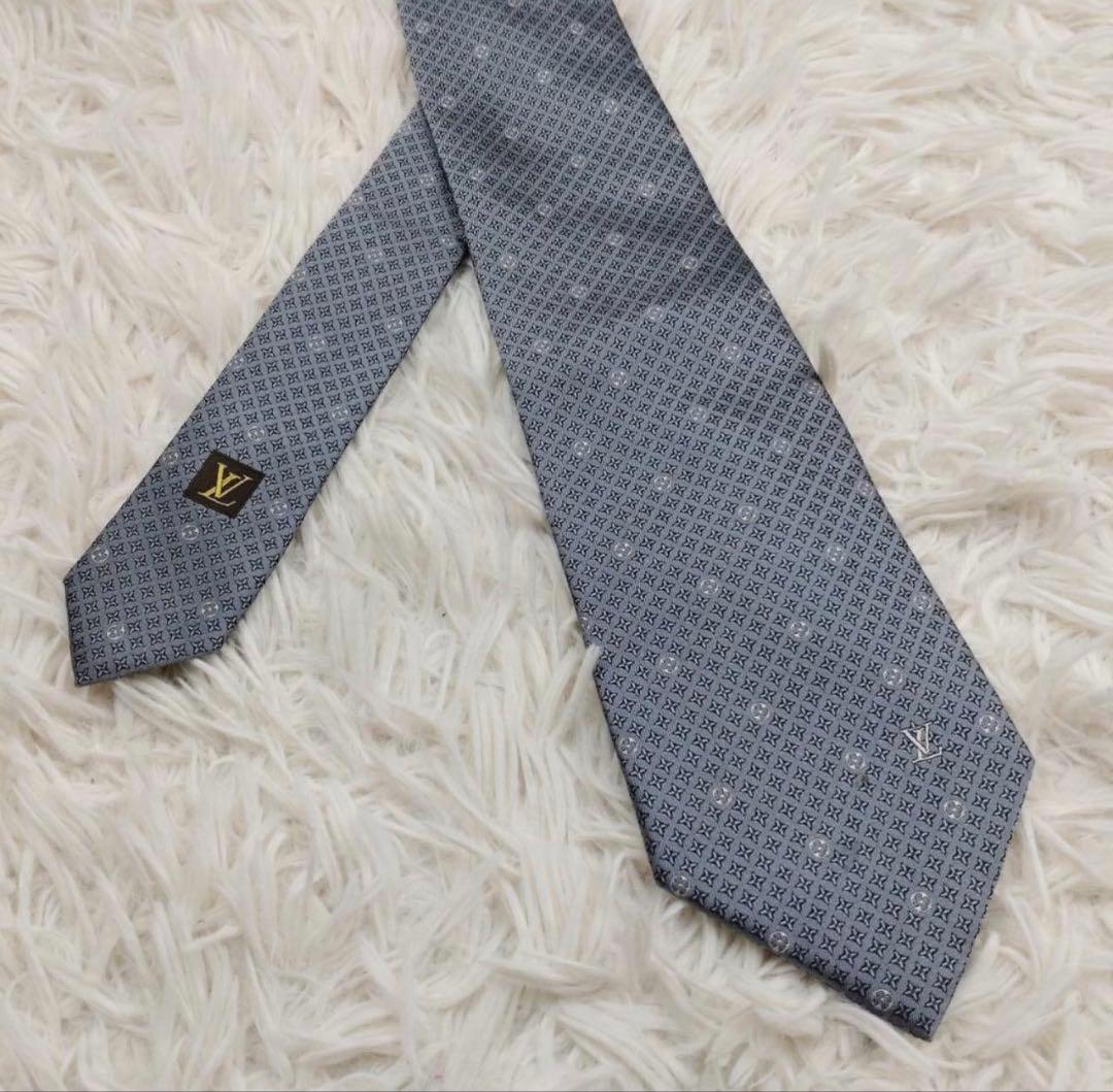 ルイヴィトン 高級シルクネクタイ 総柄 グレー