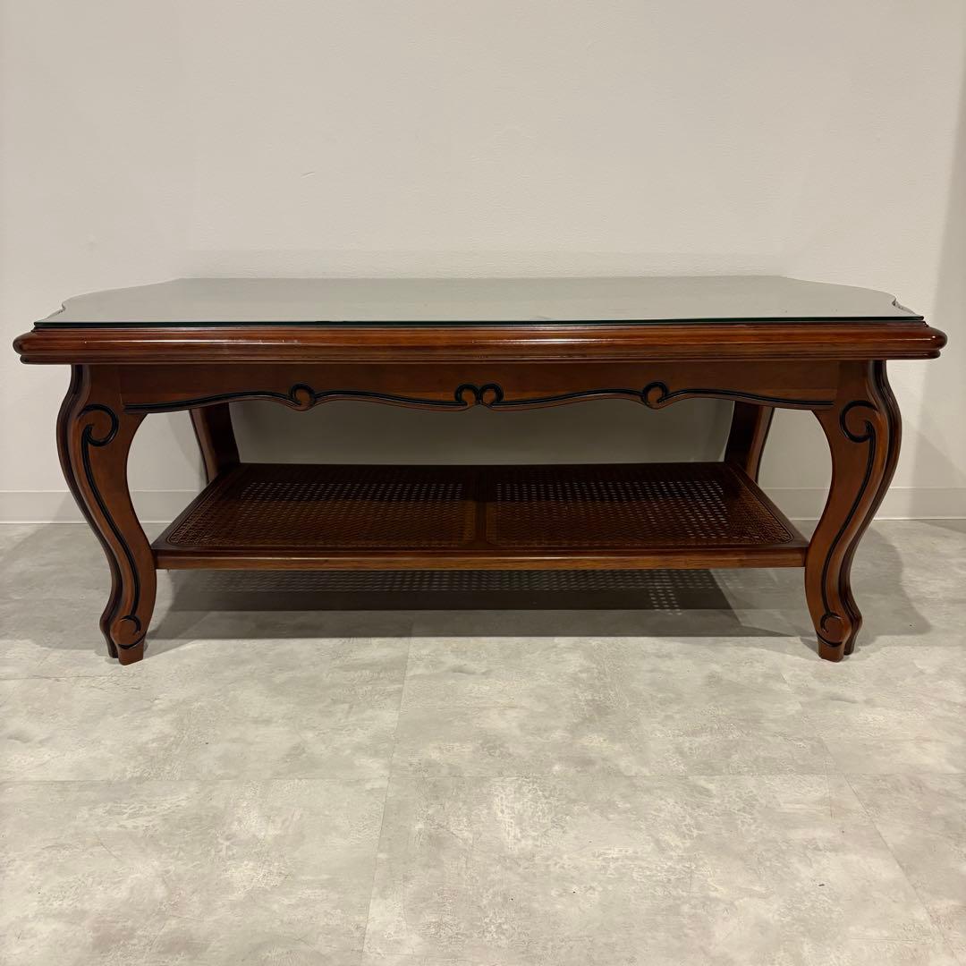 カリモク コロニアル センターテーブル 棚付き ラタン張り ローテーブル