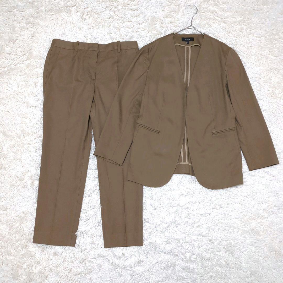 セオリー　スーツ　セットアップ　ノーカラー　ベージュ　ストレッチ コットン