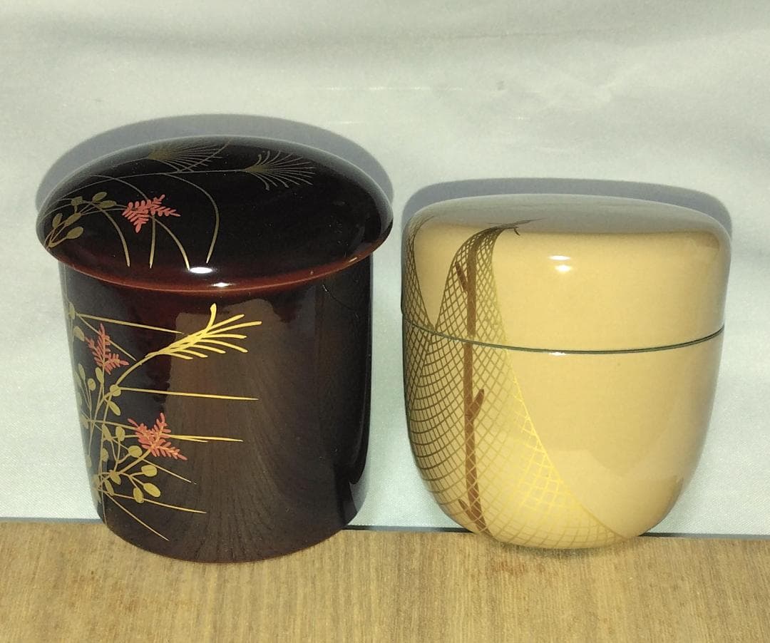 茶道具　中村湖彩作　四季棗の内　夏棗網干蒔絵白棗　秋棗秋草蒔絵秋棗　二点　美品！