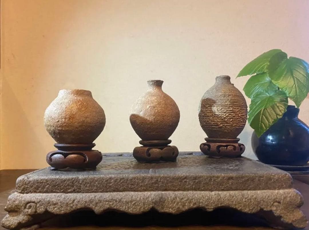 アンティーク　美品ブルナイ　小花器　極小唐木台座　３種・３点セット レア