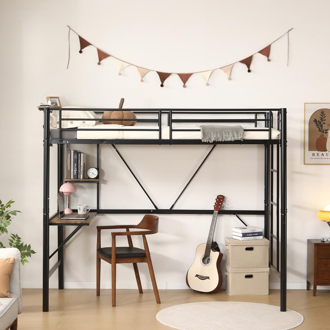 ロフトベッド シングル パイプベッド 収納棚 デスク付き収納 パイプブラック