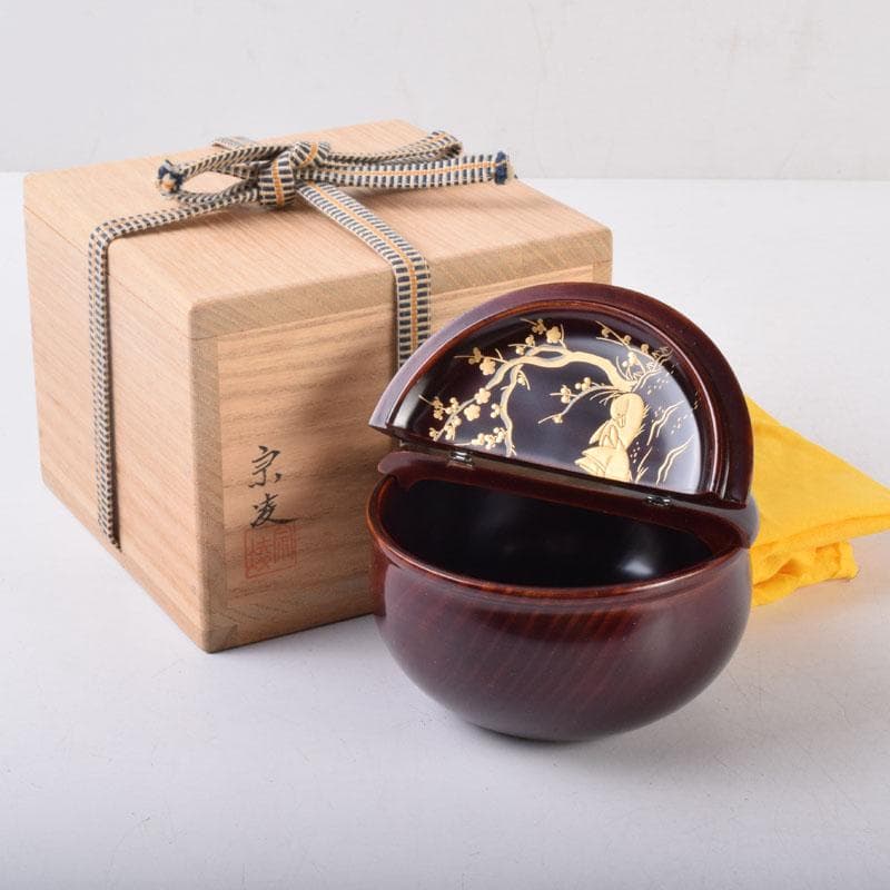 茶道具　加賀蒔絵師　田中宗凌作　早梅に鴛鴦蒔絵　割蓋茶器　共箱　V　8523