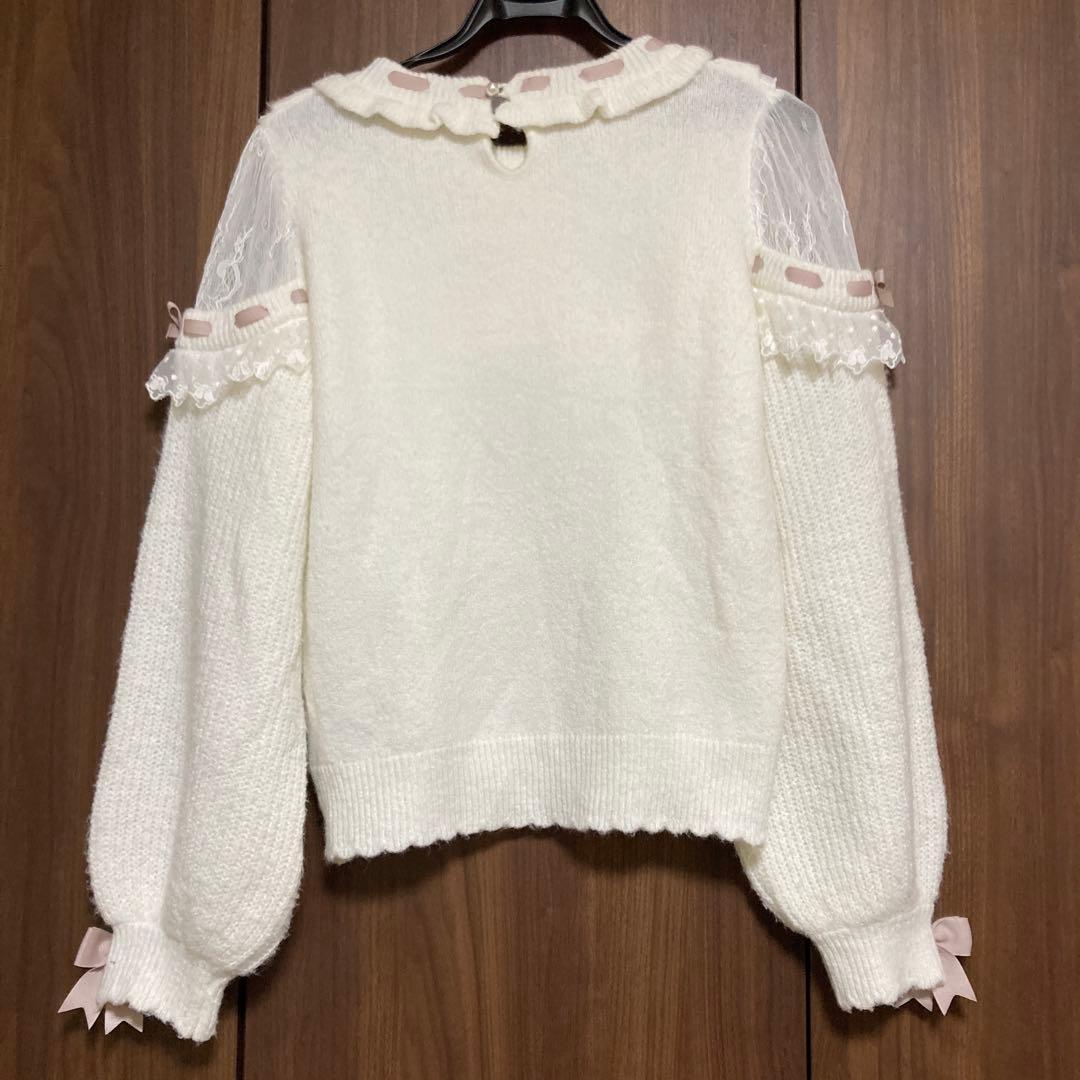 LIZ LISA ポンポン　リボン　レースヨーク　ニット トップス ホワイト系