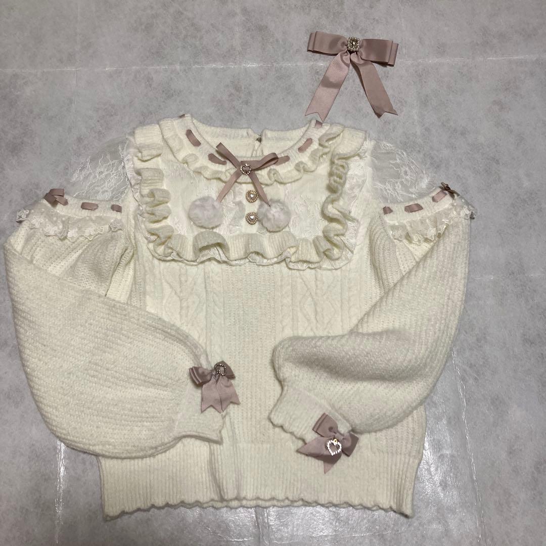 LIZ LISA ポンポン　リボン　レースヨーク　ニット トップス ホワイト系