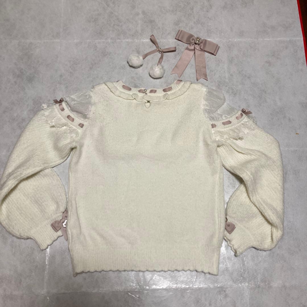 LIZ LISA ポンポン　リボン　レースヨーク　ニット トップス ホワイト系