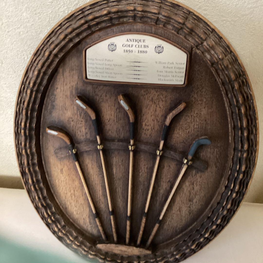 英国製アンティーク壁掛　レトロ　木製ゴルフクラブ手作り彫刻５本　ゴルフヘリテイジ
