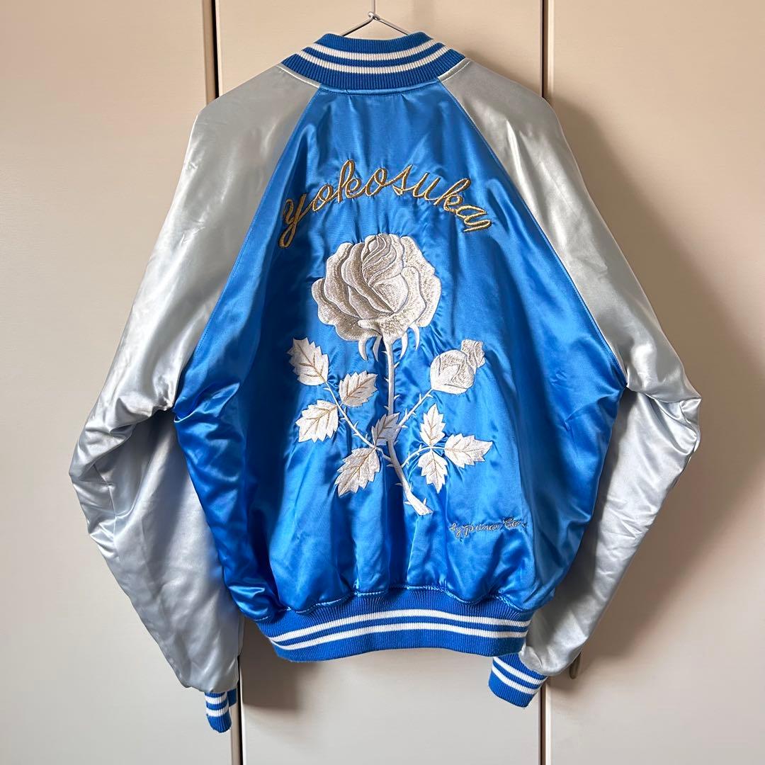 横須賀 プリンス商会 スカジャン 白 薔薇 L ブルー 刺繍 サテン