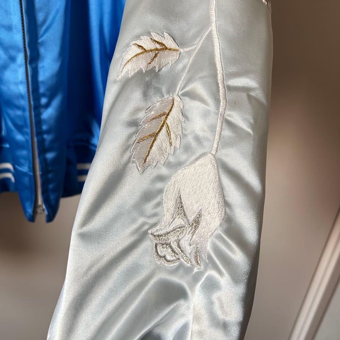 横須賀 プリンス商会 スカジャン 白 薔薇 L ブルー 刺繍 サテン