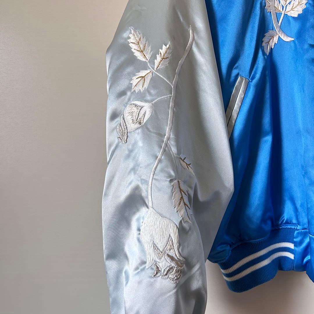 横須賀 プリンス商会 スカジャン 白 薔薇 L ブルー 刺繍 サテン