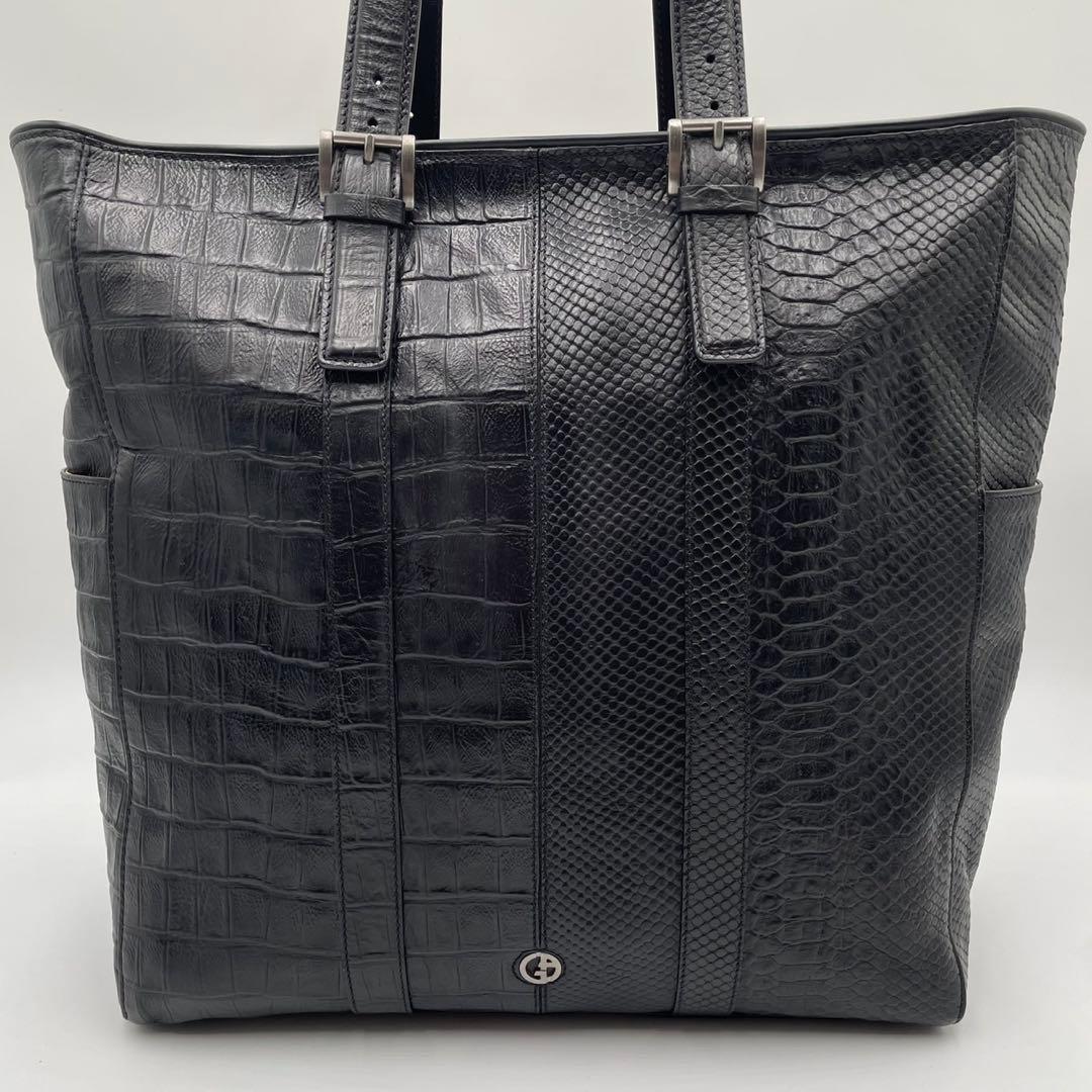 【極美品】 ジョルジオアルマーニ 銀座タワー トートバッグ 型押し レザー 黒