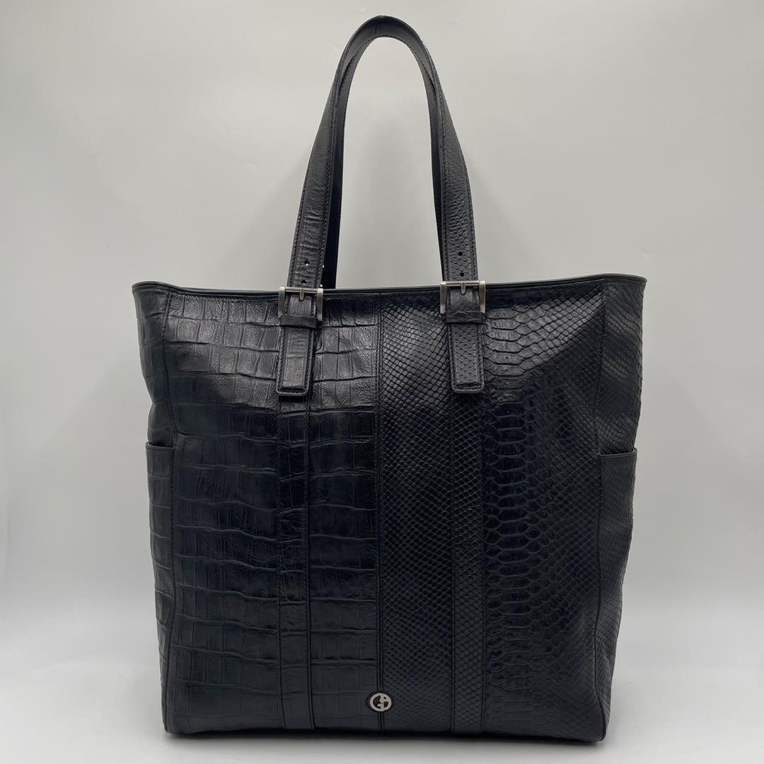 【極美品】 ジョルジオアルマーニ 銀座タワー トートバッグ 型押し レザー 黒