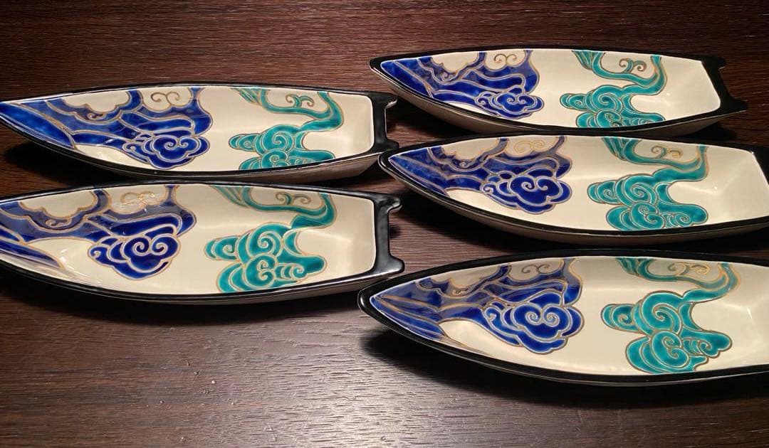 京焼向付　仁清流水舟形向付5客　新品未使用　京焼