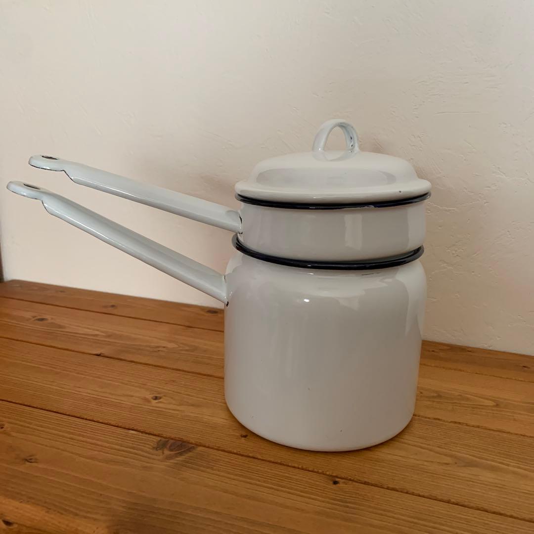 ホーロー蓋付きホワイト二重鍋　ダブルボイラー　アンティーク　カントリー雑貨