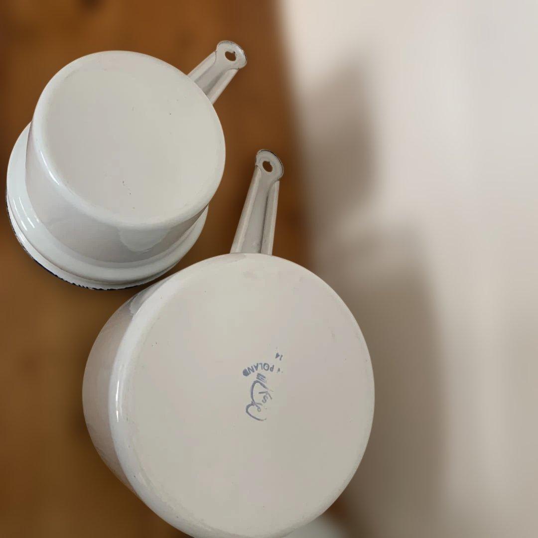 ホーロー蓋付きホワイト二重鍋　ダブルボイラー　アンティーク　カントリー雑貨