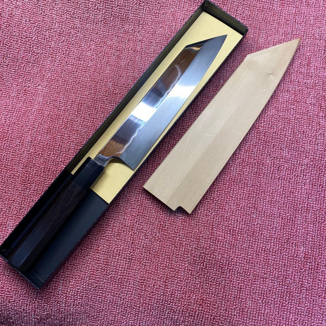 青二鋼　水本焼き　切付包丁　225㎜　7.5寸 鞘付き