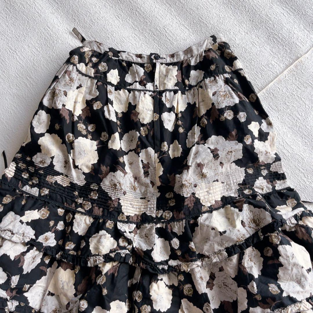 ピンクハウス　花柄ティアードフリルスカート　リボン　コットン　ブラック/ホワイト