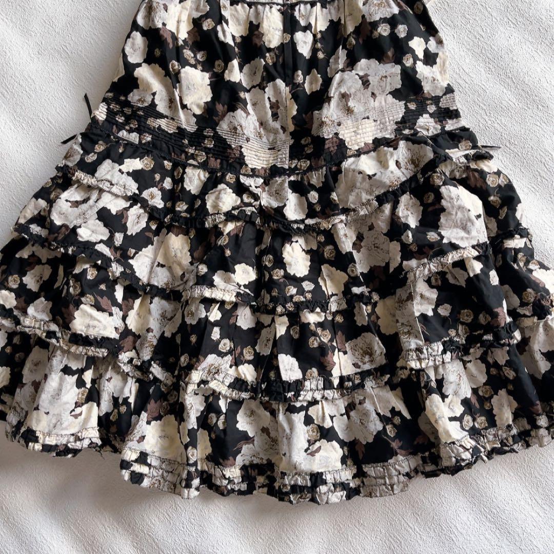 ピンクハウス　花柄ティアードフリルスカート　リボン　コットン　ブラック/ホワイト