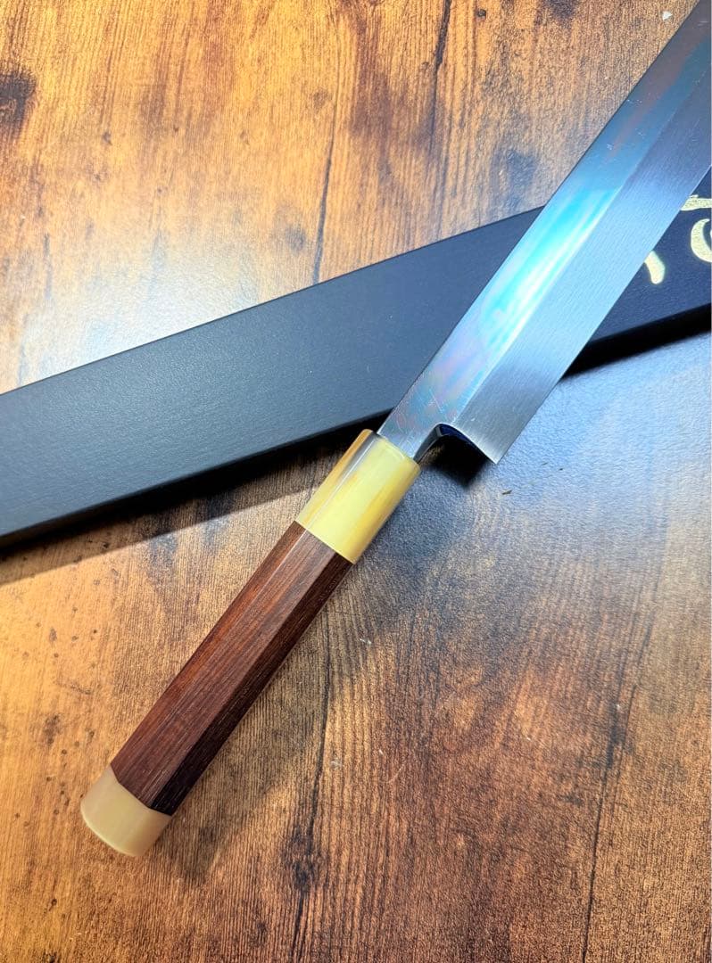 森本光一作　刺身 柳刃　本焼　白鋼 包丁　尺　鏡面　紫檀両白水牛八角柄