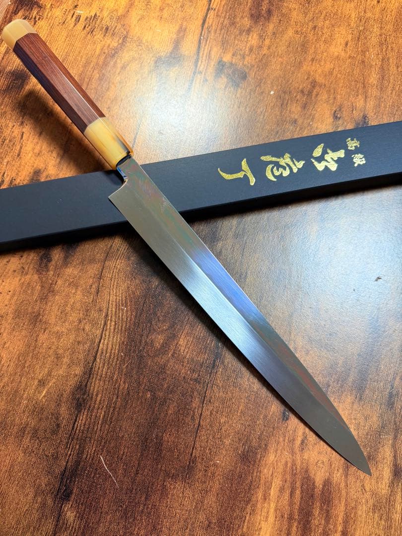 森本光一作　刺身 柳刃　本焼　白鋼 包丁　尺　鏡面　紫檀両白水牛八角柄