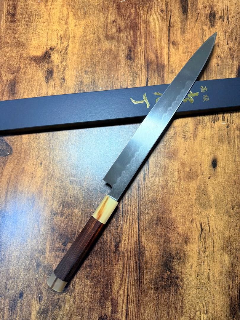 森本光一作　刺身 柳刃　本焼　白鋼 包丁　尺　鏡面　紫檀両白水牛八角柄