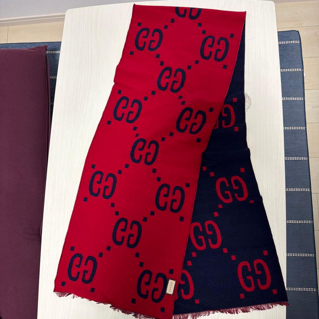 GUCCI GGロゴ マフラー レッド ネイビー 53x190cm