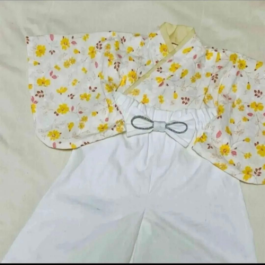 ベビー袴　ハンドメイド　ベビー着物　白地に淡い黄色い花柄　刺繍　60 70 80