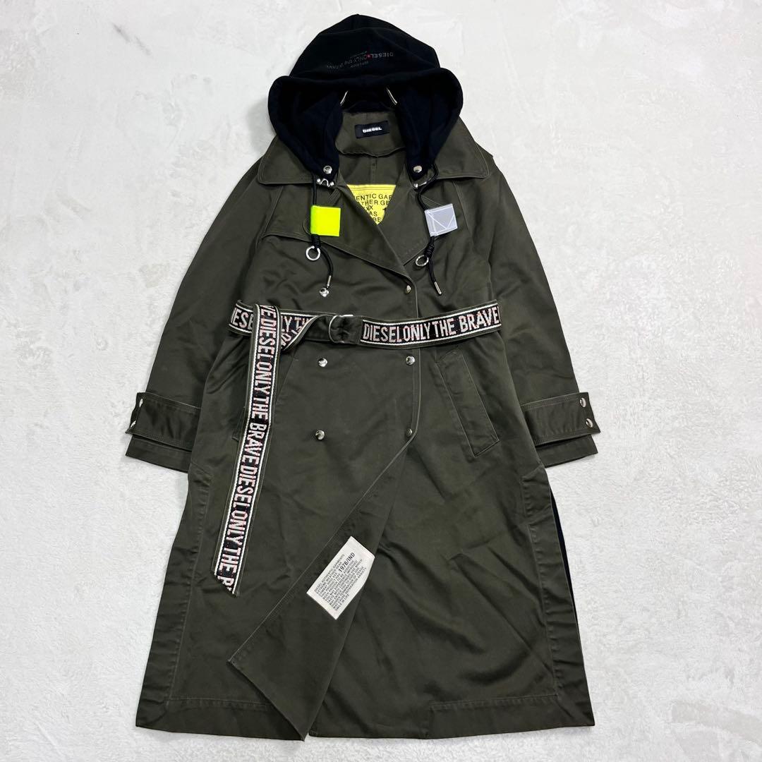 『ディーゼル』トレンチコート フード脱着 テープベルト ロング丈 オリーブ