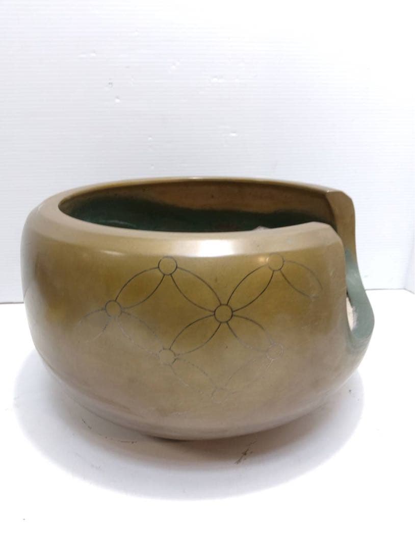 G2306​【極美品】茶道具 唐銅風炉 七宝地紋 釜師 大西宗扇　共箱 炭付