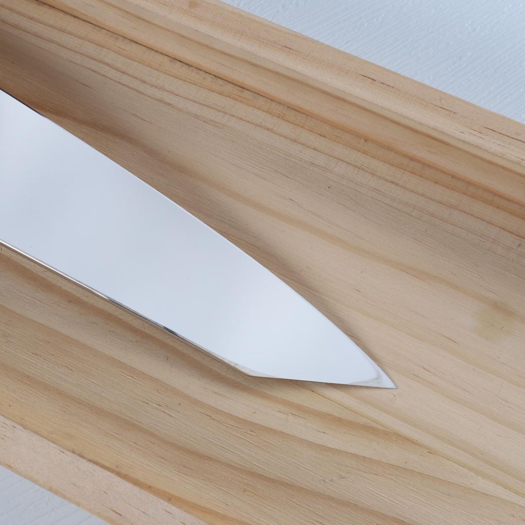 梵静刃物 勘所型牛刀 9寸 片刃 ウルトラ鏡面仕上げ 黄檀黒水牛白三本巻八角柄